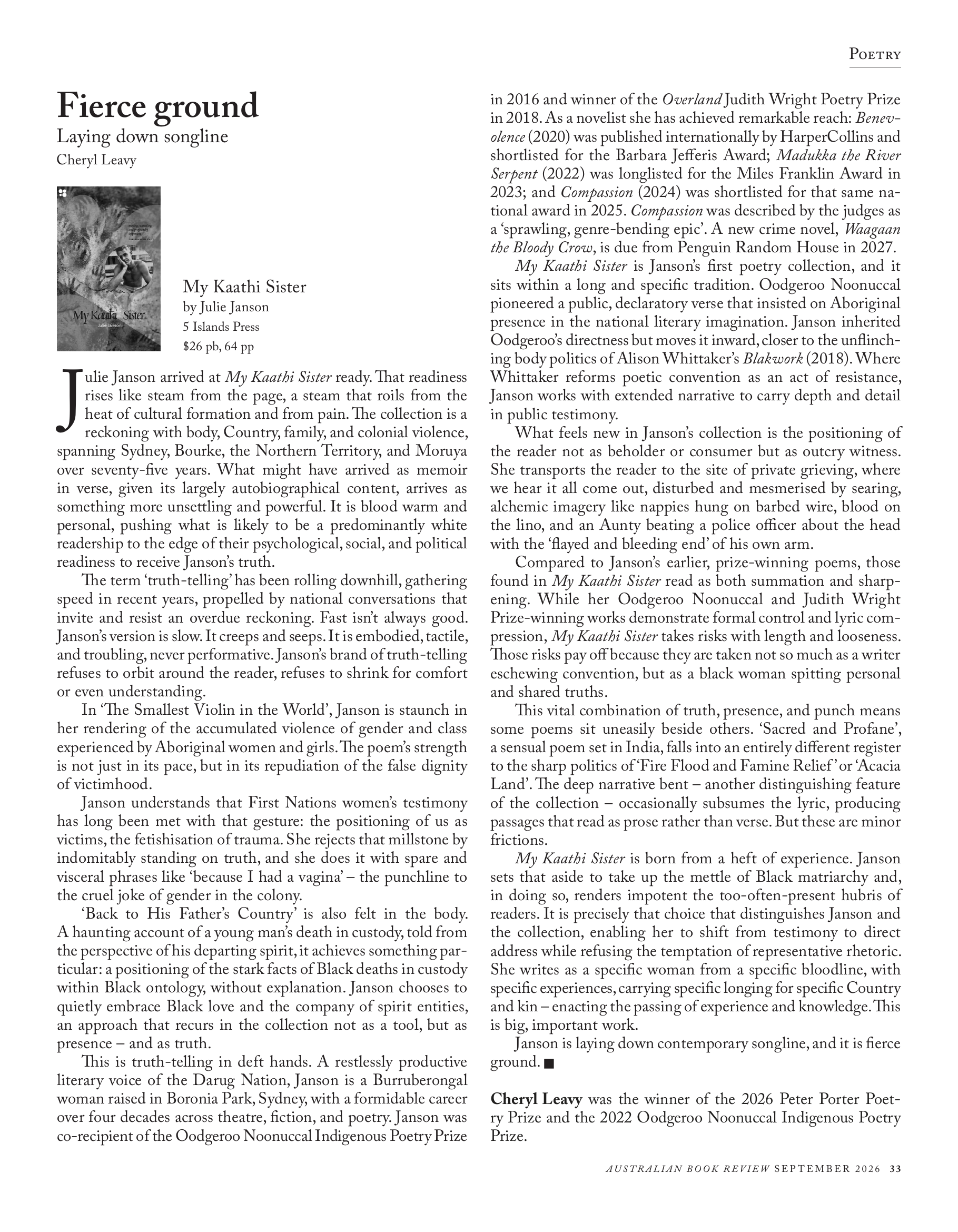 Cheryl Leavy reviews My Kaathi Sister by Julie Janson, Australian Book Review, September 2026