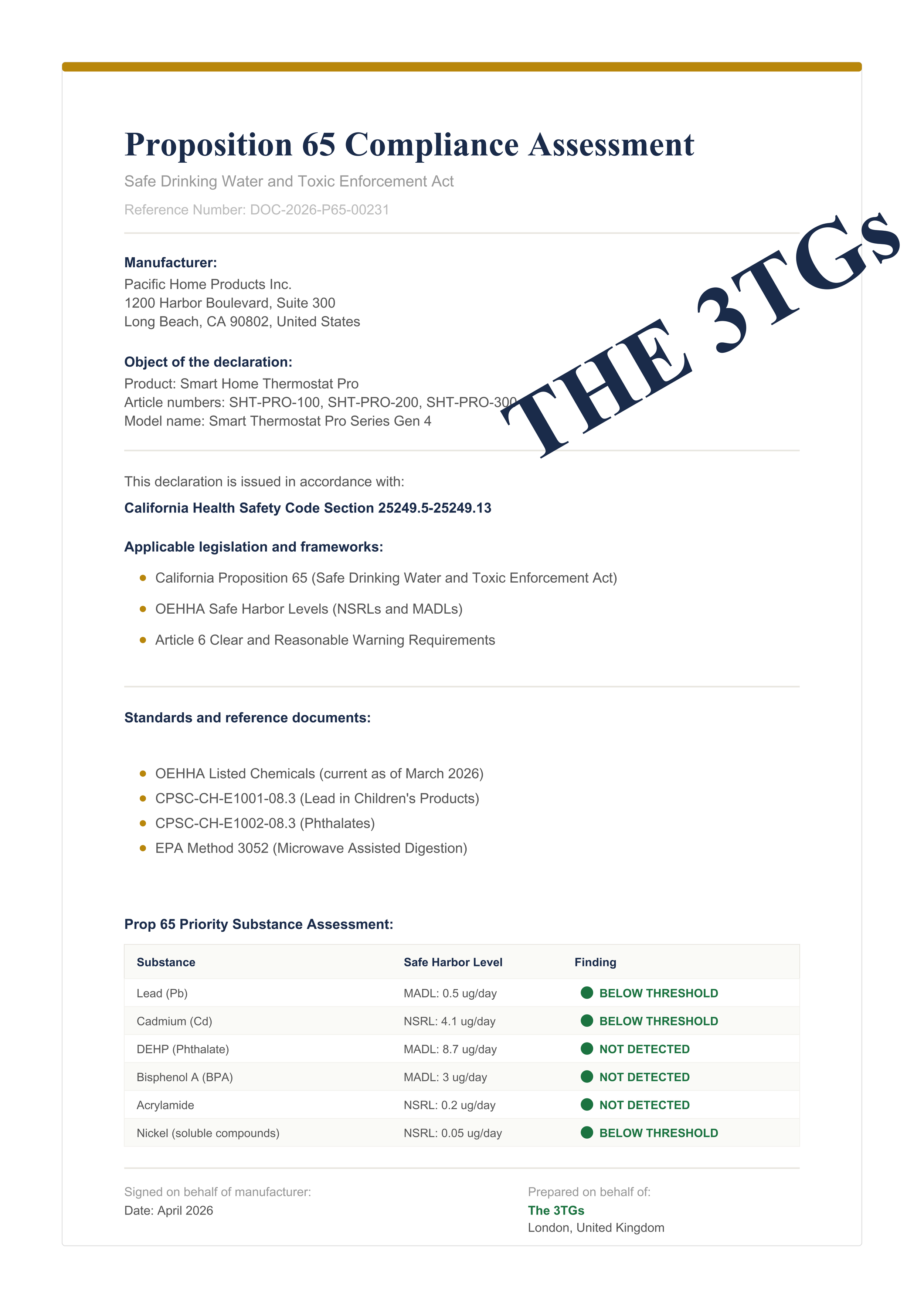 Proposition 65 Compliance Assessment prepared by The 3TGs