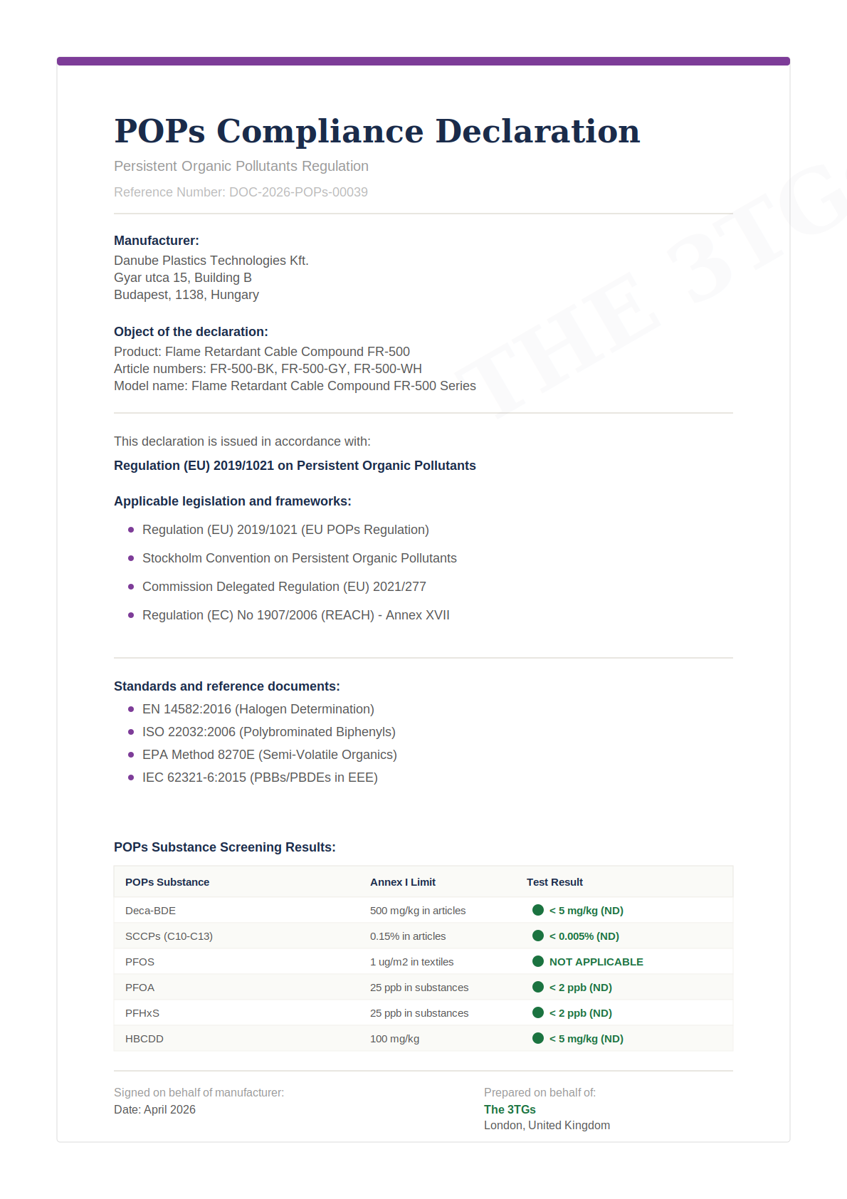 POPs Compliance Declaration prepared by The 3TGs
