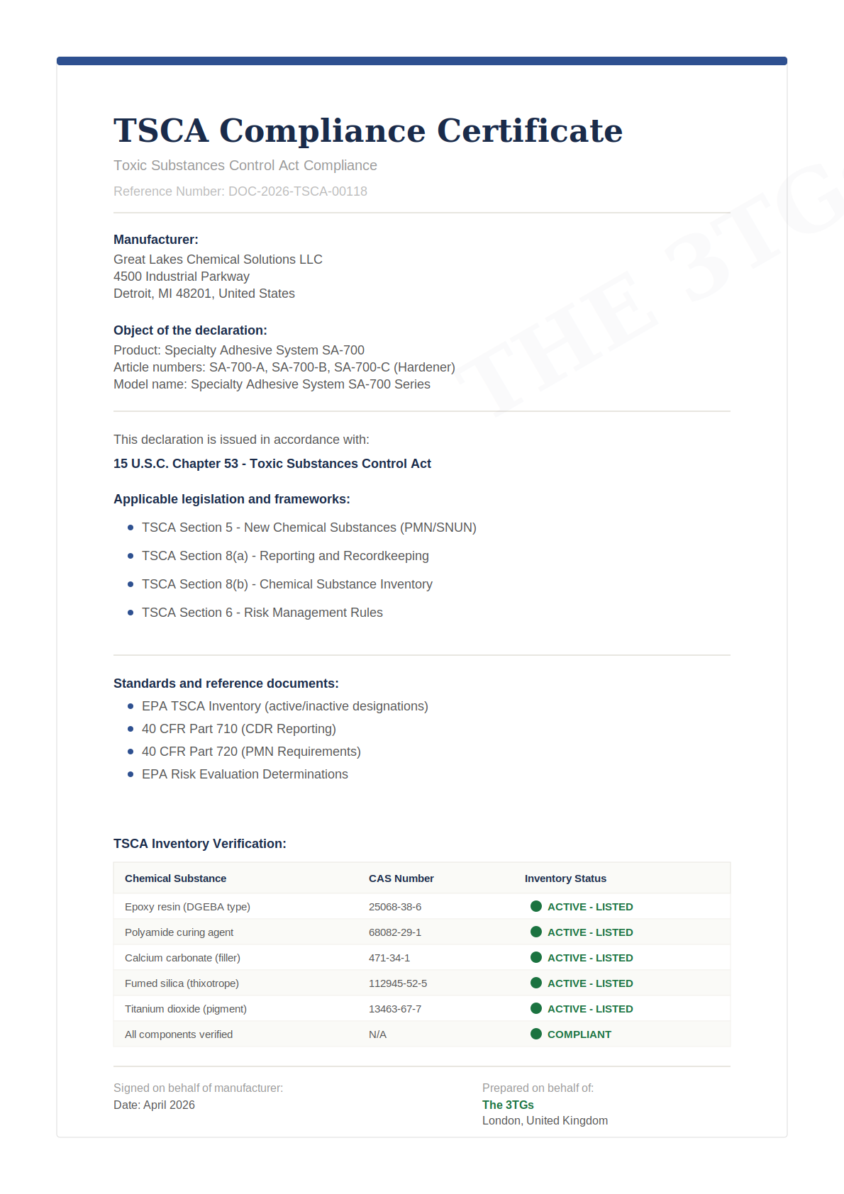 TSCA Compliance Certificate prepared by The 3TGs
