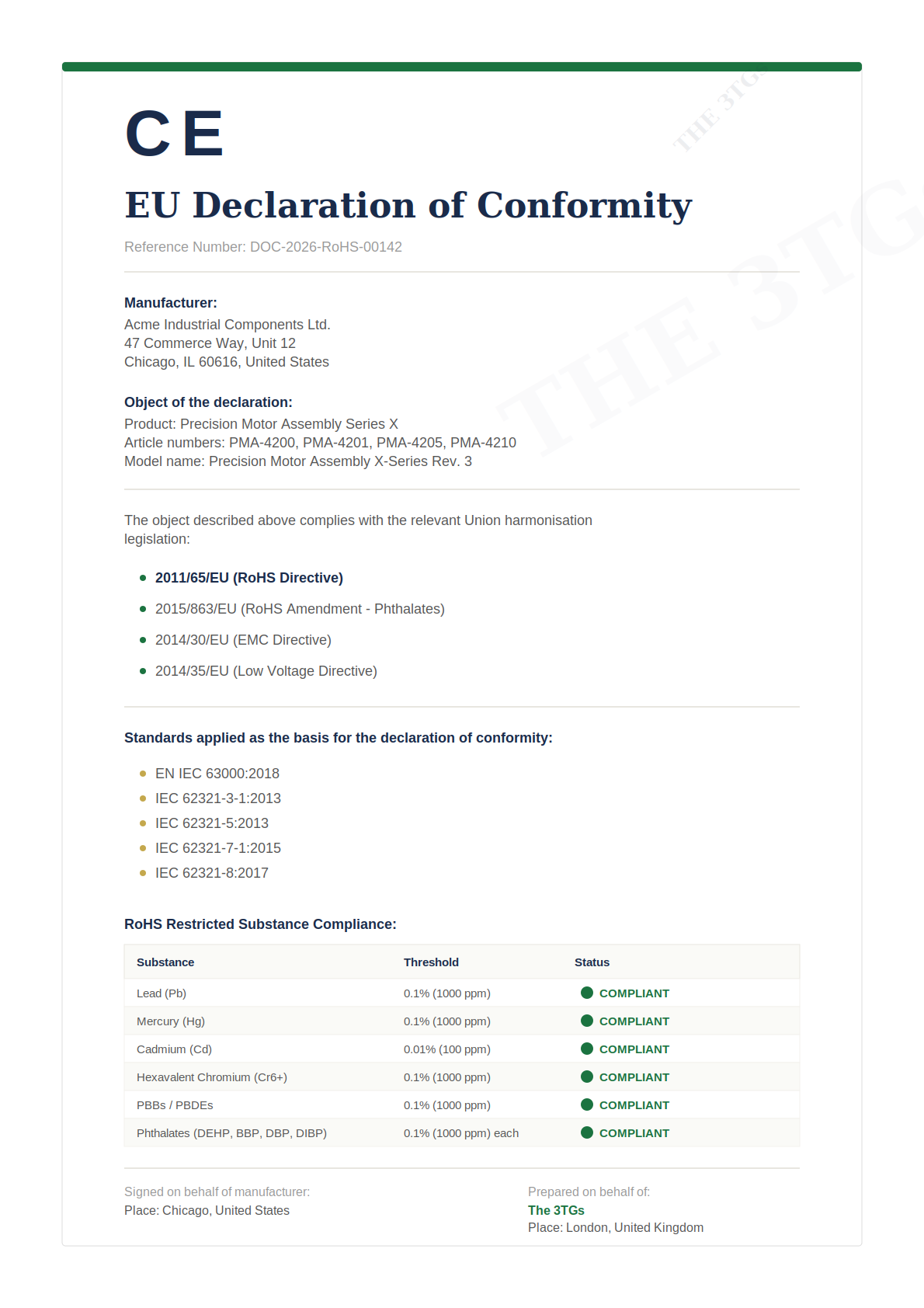 EU Declaration of Conformity - RoHS compliance document prepared by The 3TGs