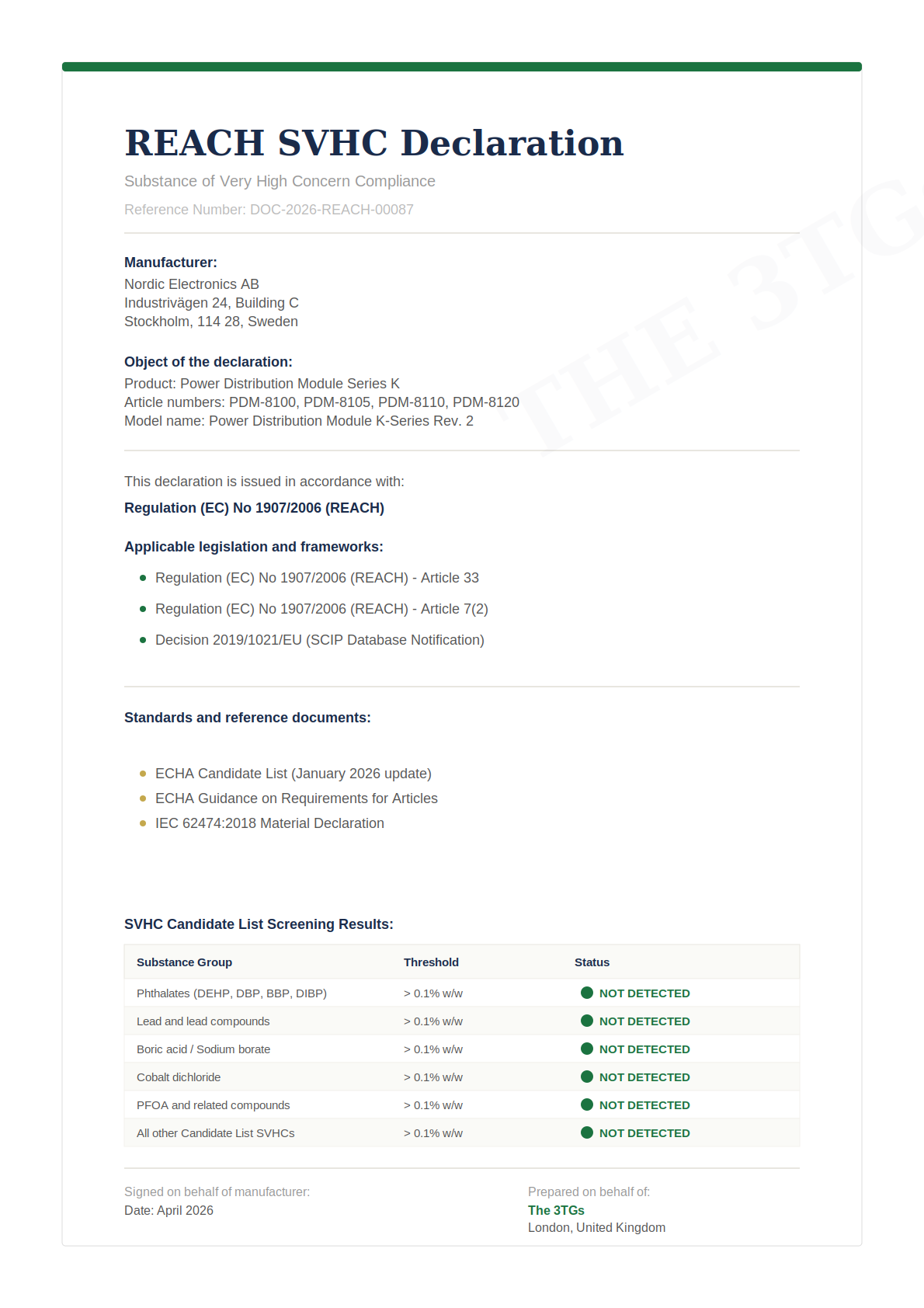 REACH SVHC Declaration document prepared by The 3TGs