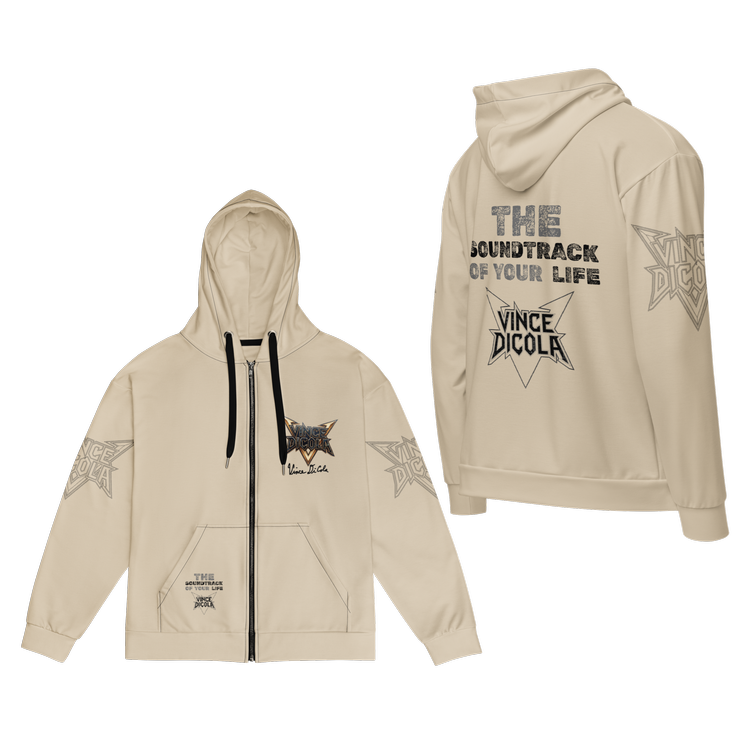 Sand-tone all-over print zip hoodie, front and back: Vince DiCola star logo with his printed signature on the left chest, slogan on pocket and back, outline star logos on the sleeves.