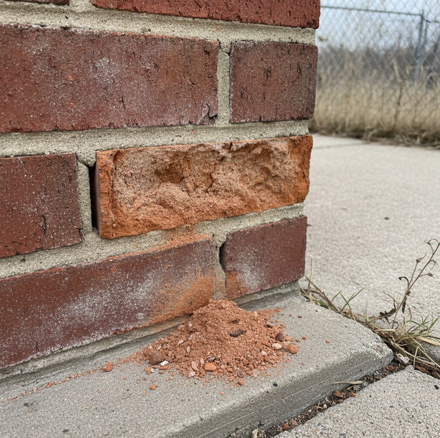 crumbling red brick facade with peeling moisture damage