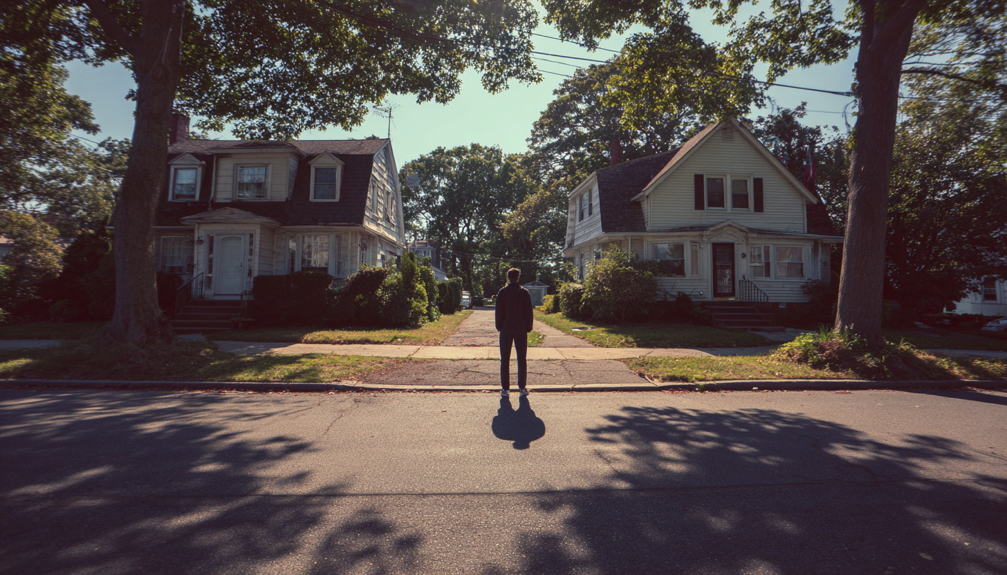 Real estate investor evaluating a fix and flip property on Long Island street