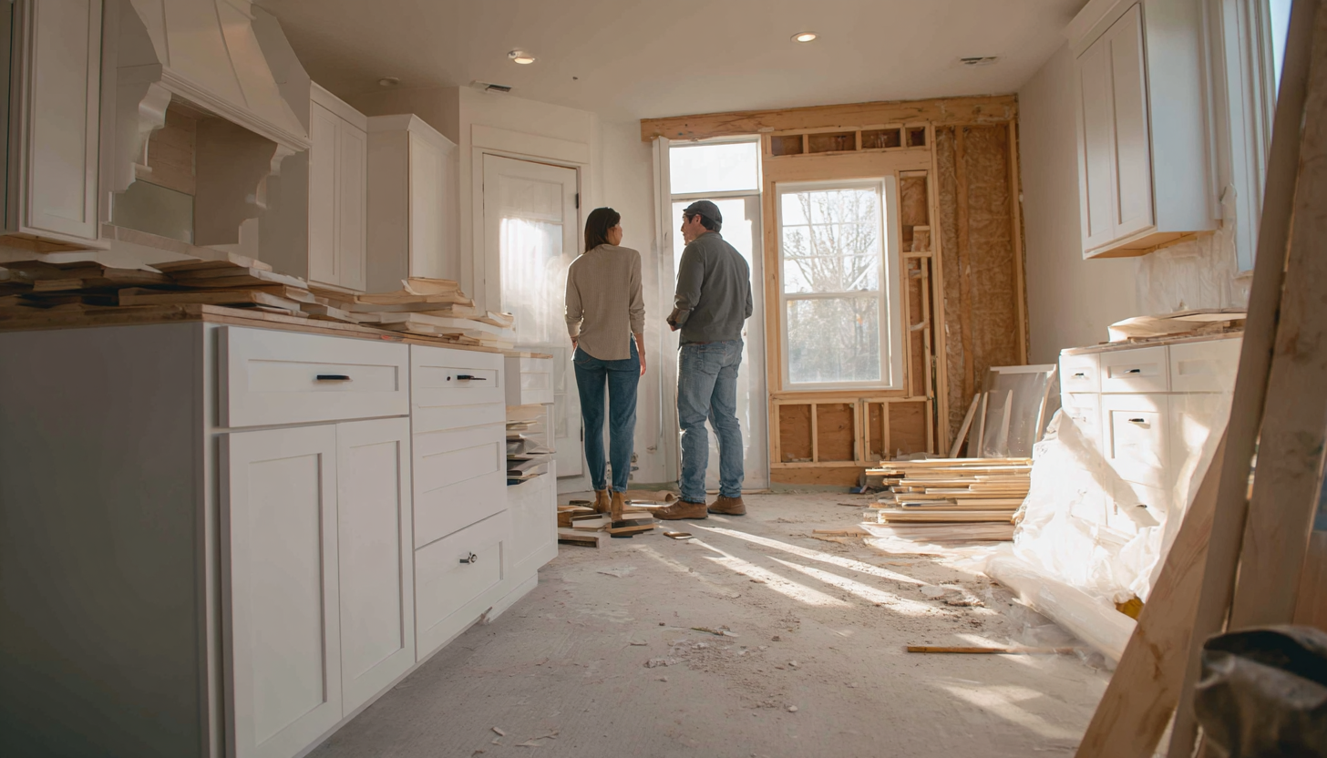 Investor and contractor examining kitchen cabinets to determine renovation budget for Long Island flip