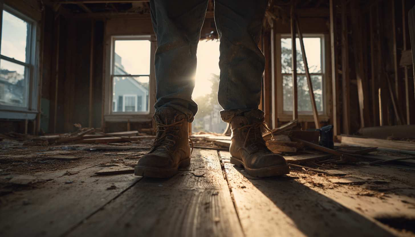 Professional contractor in work boots at Long Island renovation site preparing accurate cost estimates