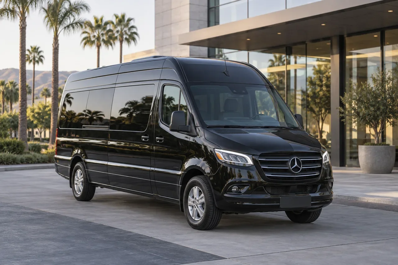 Black Mercedes Sprinter outside a modern office