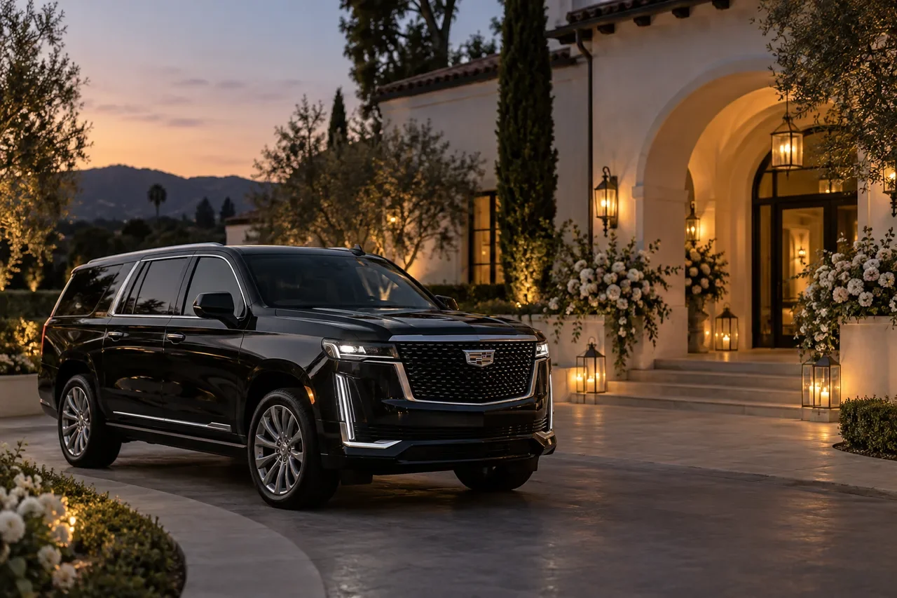 Black SUV outside a softly lit event venue at dusk