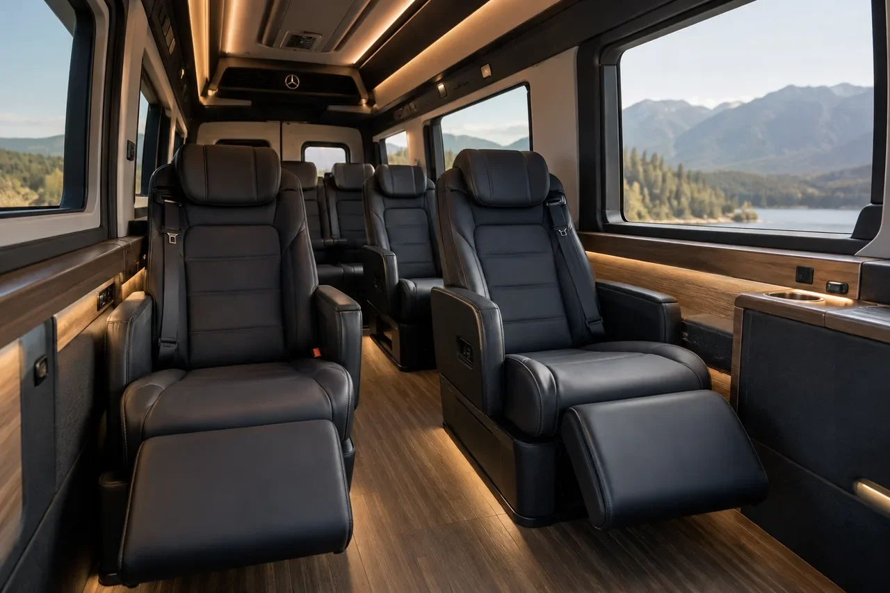 Representative executive Sprinter interior with leather captain’s chairs and warm lighting