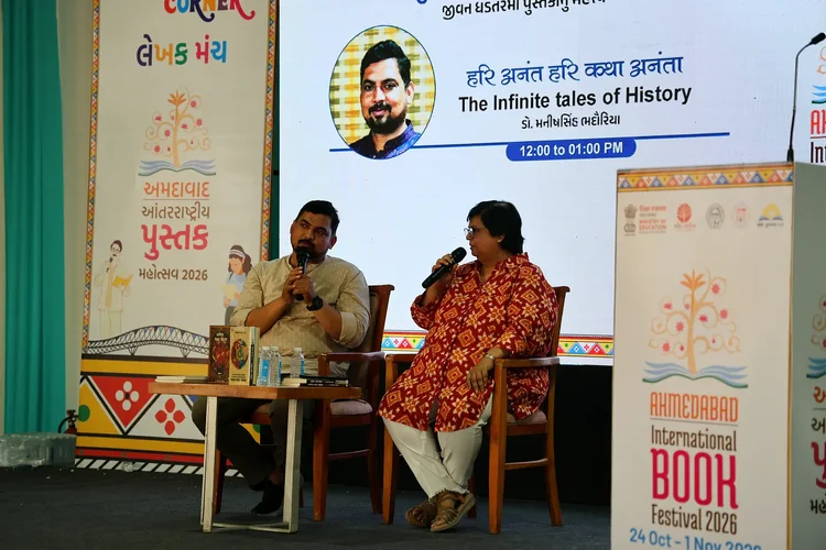 Two speakers in conversation on the Authors' Corner stage