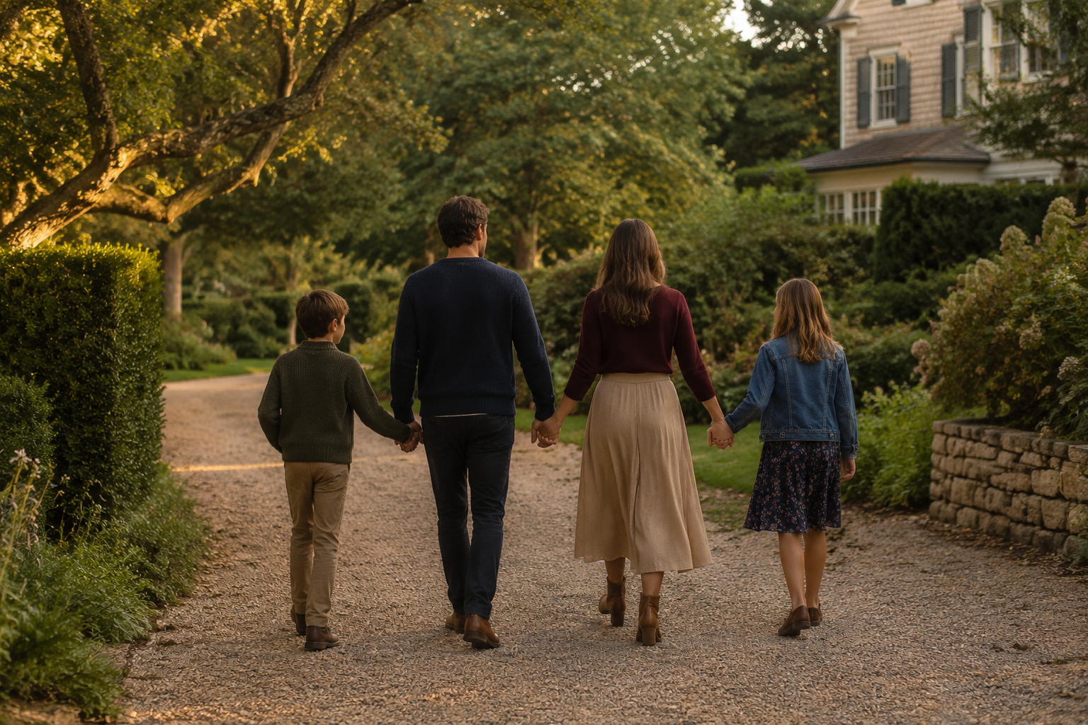 A family walking together in coordinated clothing