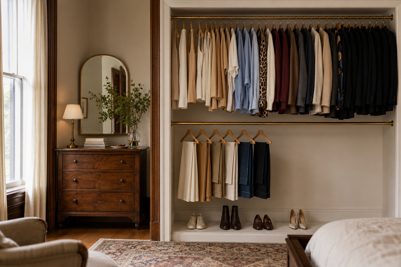 A varied women's wardrobe in a warm, lived-in bedroom