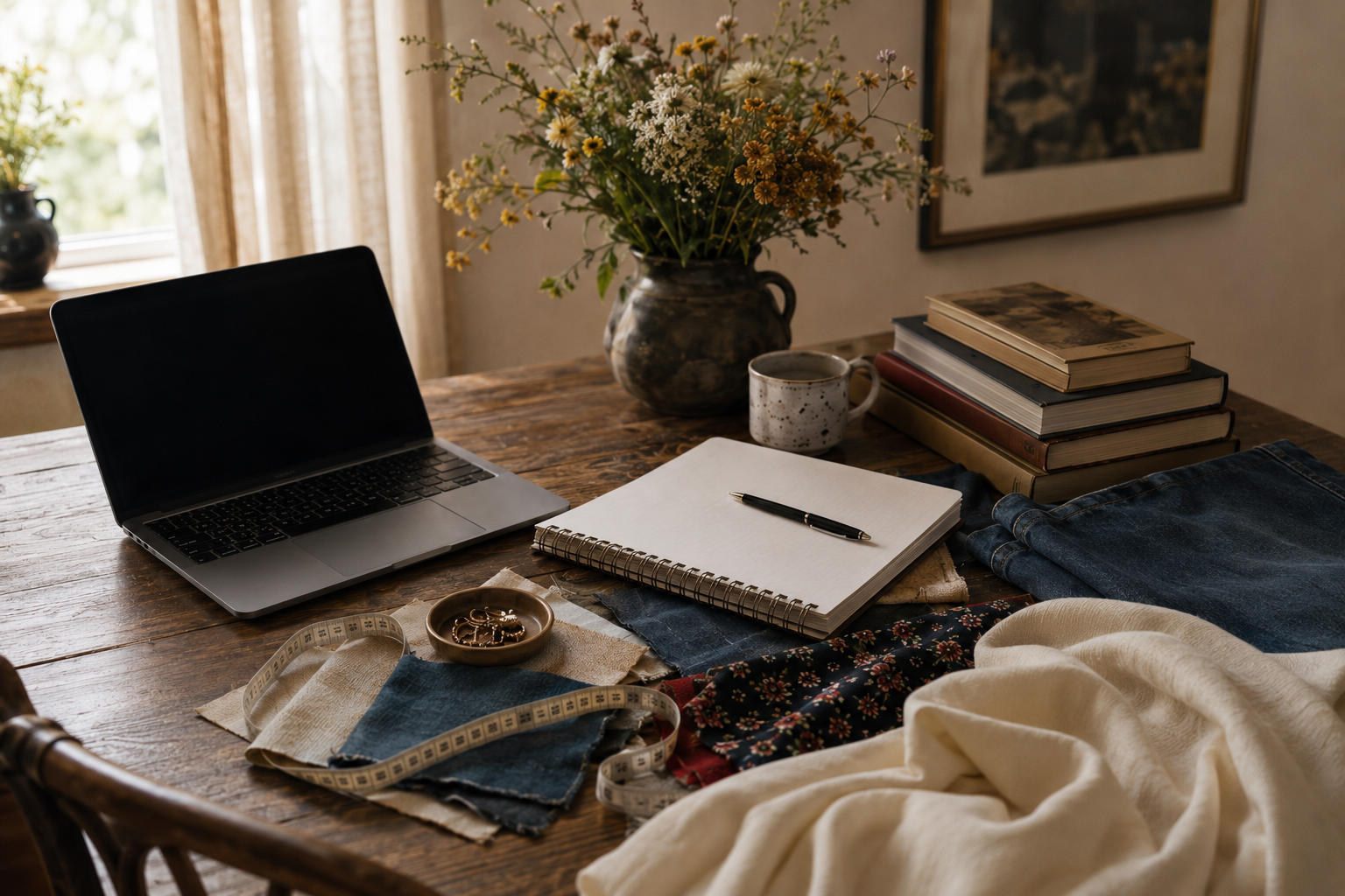 A stylist's worktable with fabrics and notebook