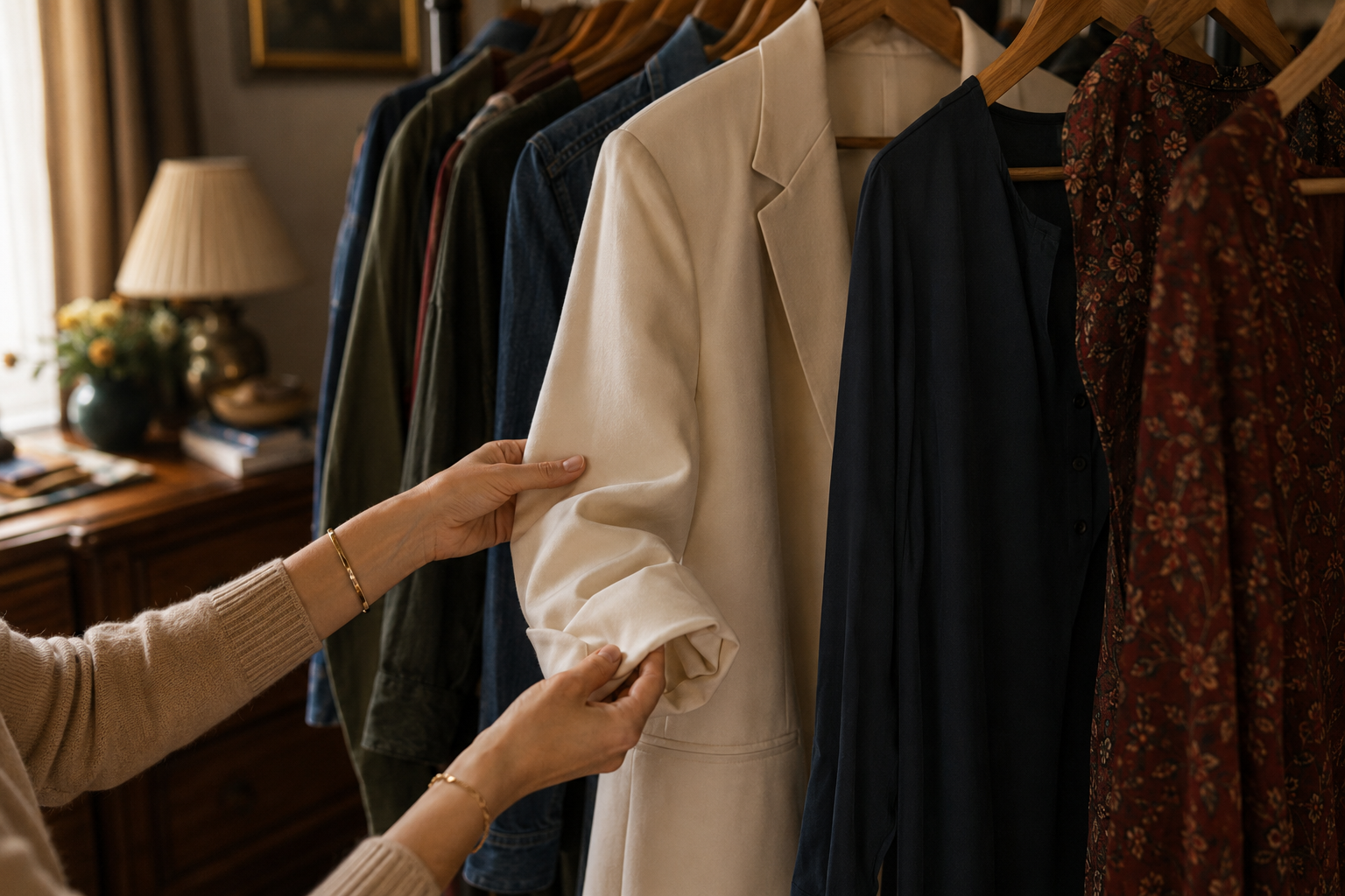 Hands styling a refined wardrobe