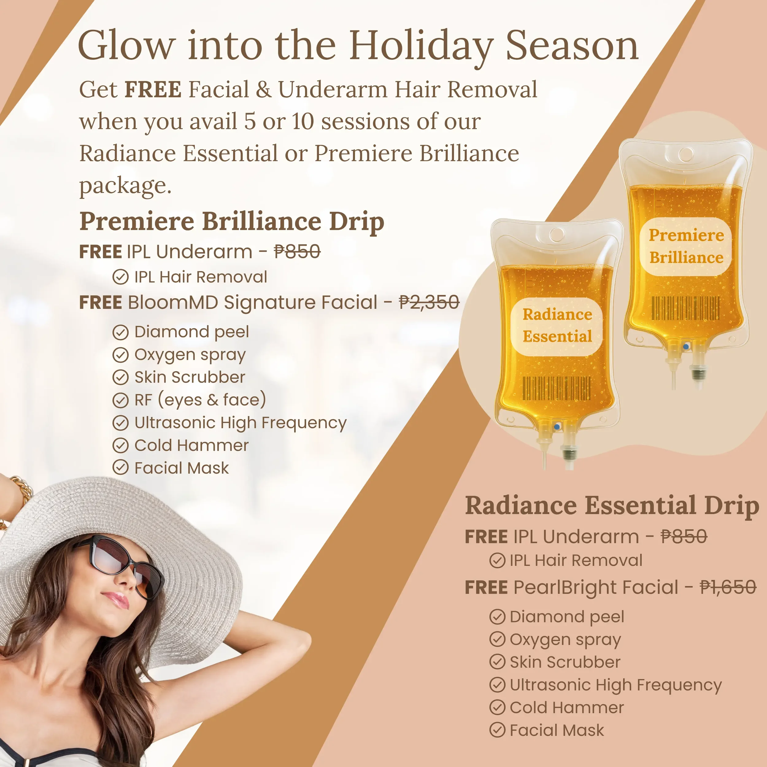 BloomMD Holiday Glow Promo featuring Radiance Essential and Premiere Brilliance IV Drips with free facial and underarm hair removal