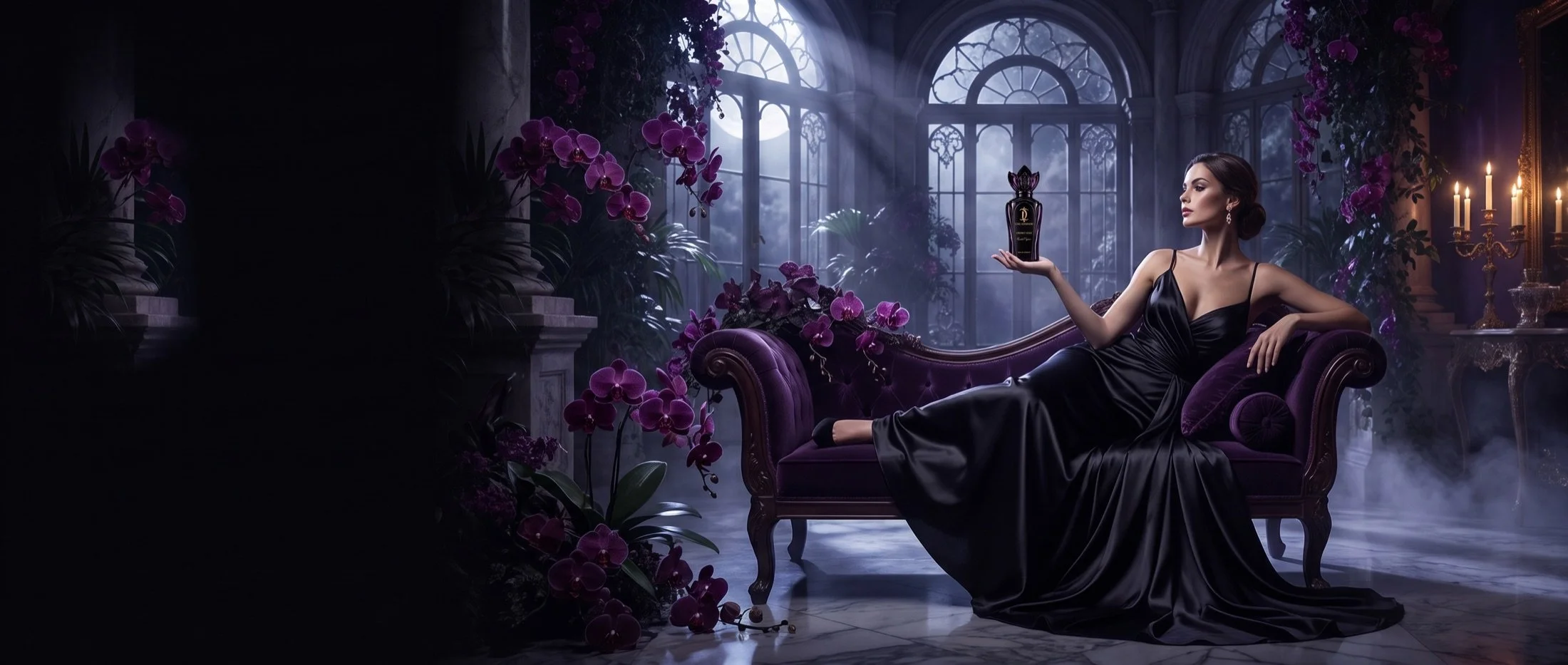 A woman reclining in a moonlit conservatory holding Crown Noir