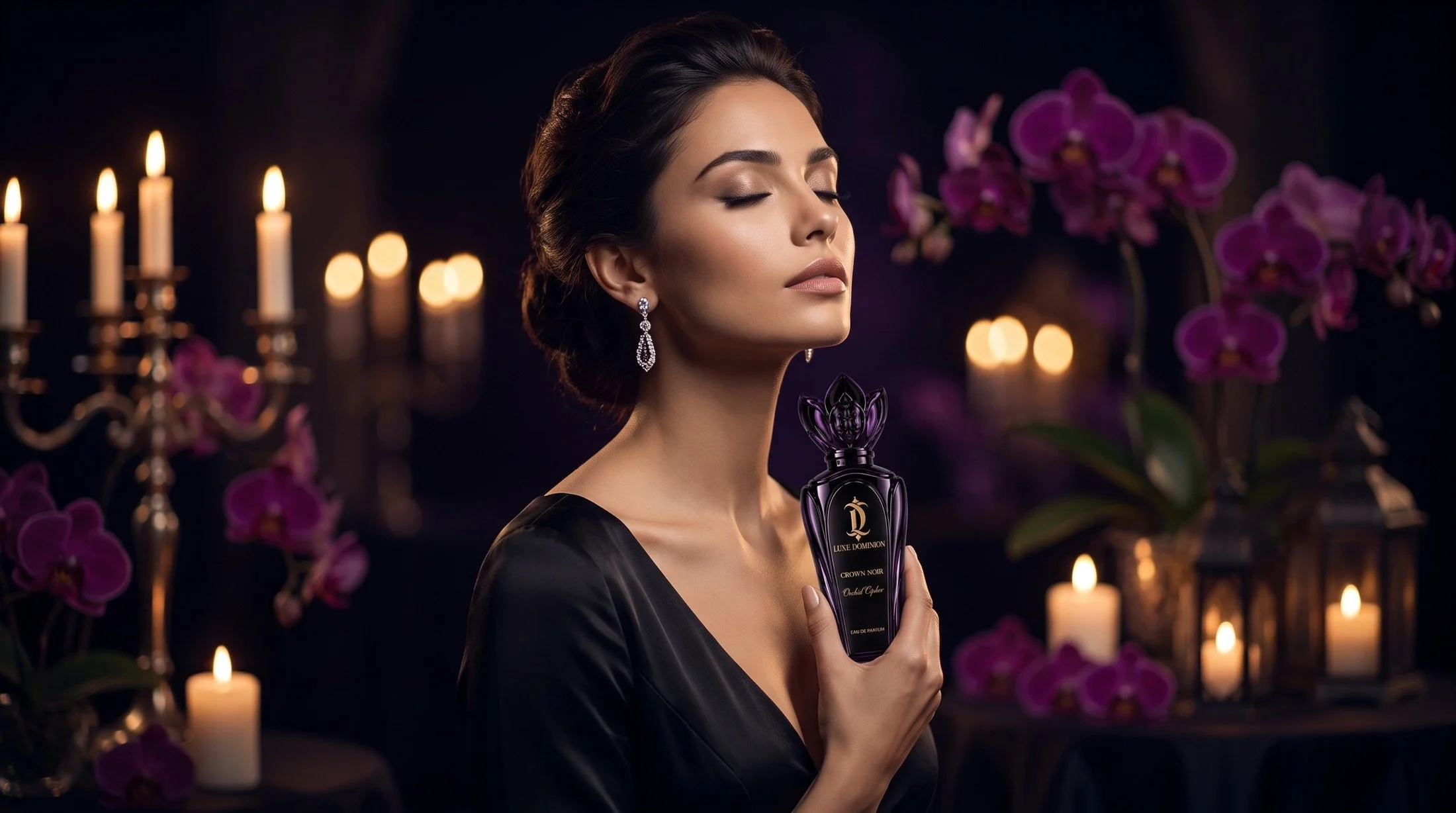 Crown Noir, a woman holding the Luxe Dominion bottle in a nocturnal garden