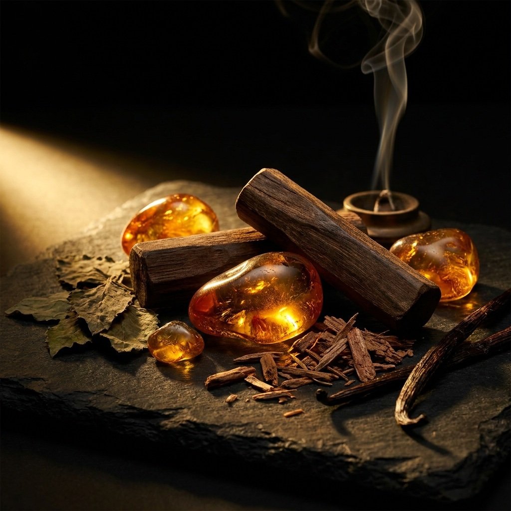 Amber, dark woods, vanilla and incense