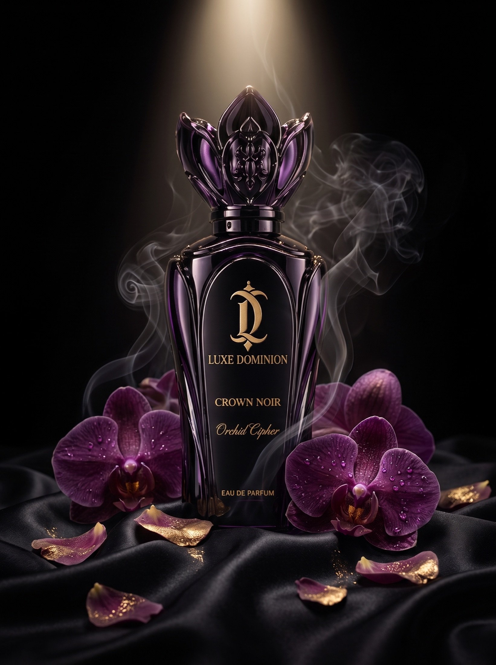 Crown Noir bottle among dark orchids