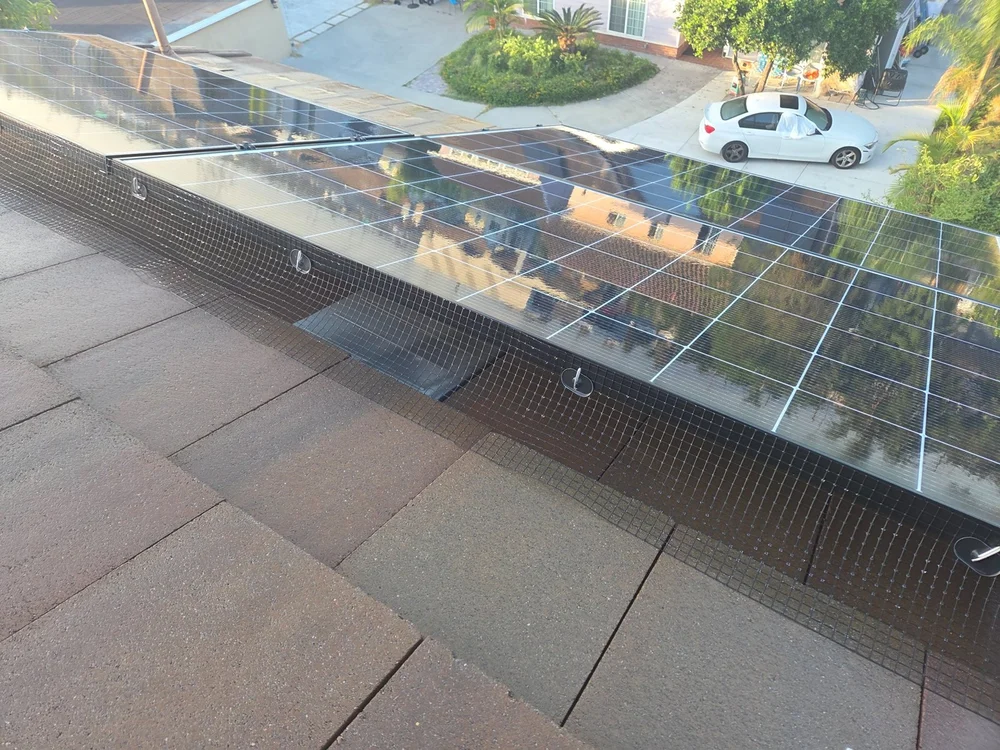 Clip-on mesh and cleaned panels along the edge of a residential solar array