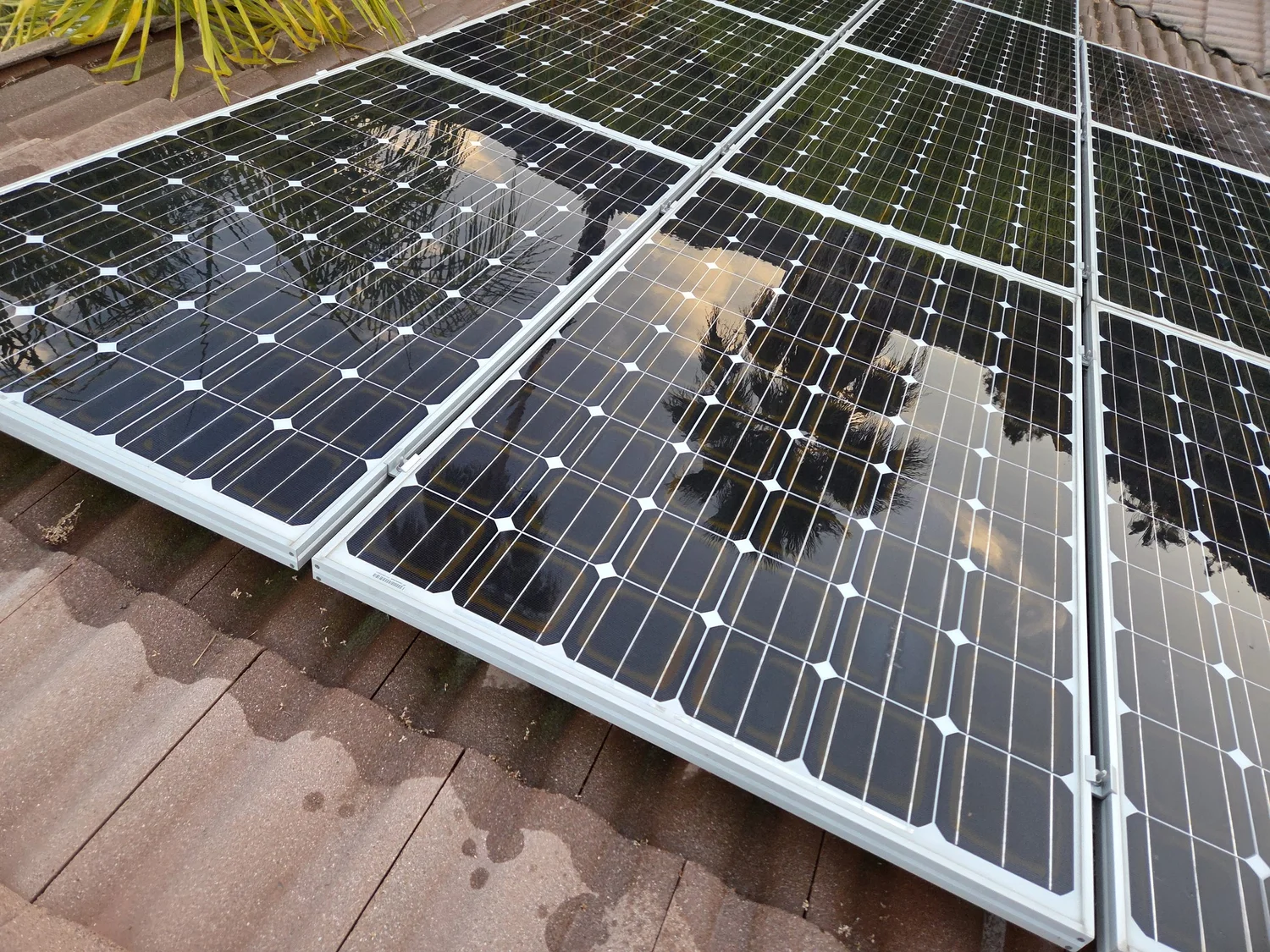 Clean panels on a tile roof in the evening