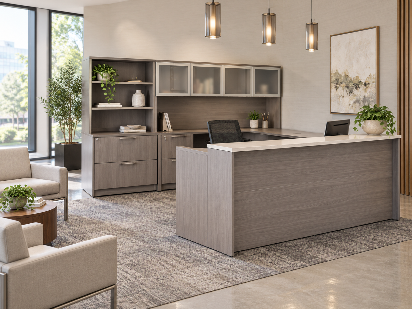 Reception desk and lobby furniture