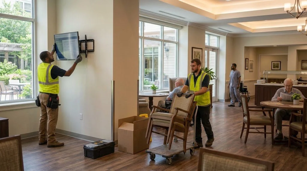ModLogics crew installing furniture in an occupied building