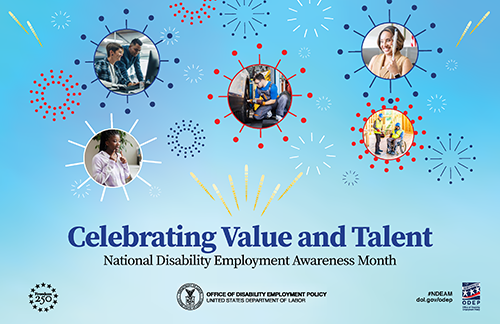 National Disability Employment Awareness Month 2026 poster from the U.S. Department of Labor Office of Disability Employment Policy. The theme is Celebrating Value and Talent.