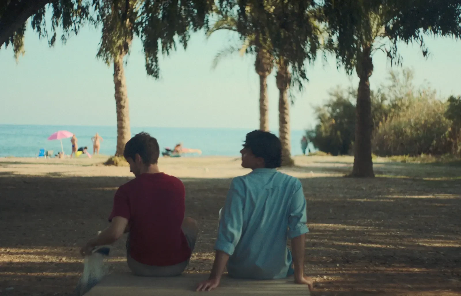 Álvaro y el Hombre del Mar, juntos bajo un árbol frente al mar.