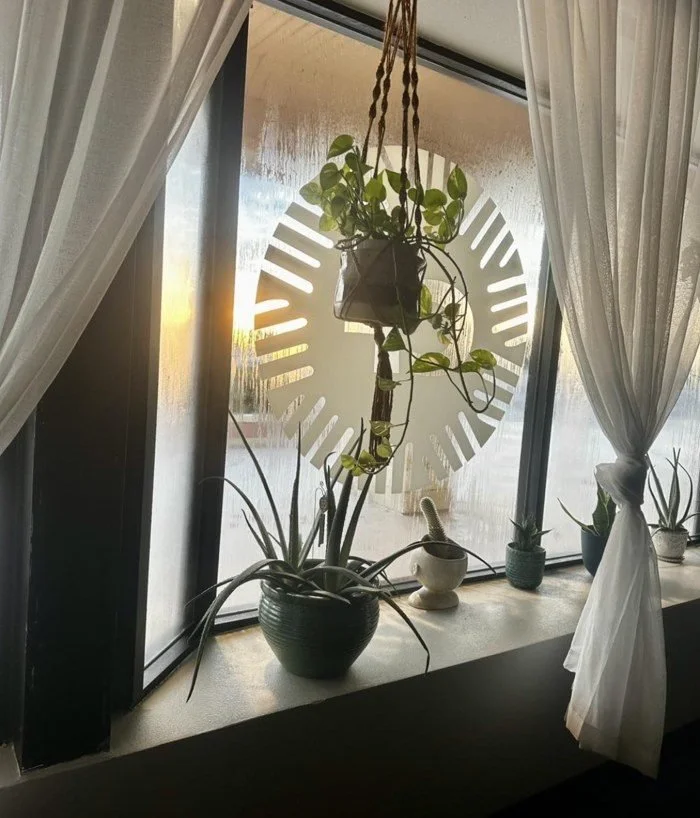 The studio window at sunset with plants and the Central Florida Power Yoga decal