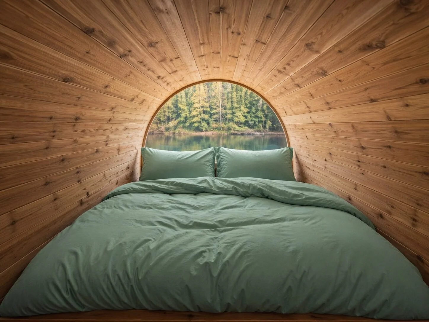 King bed inside a cedar glamping barrel overlooking a secluded bay