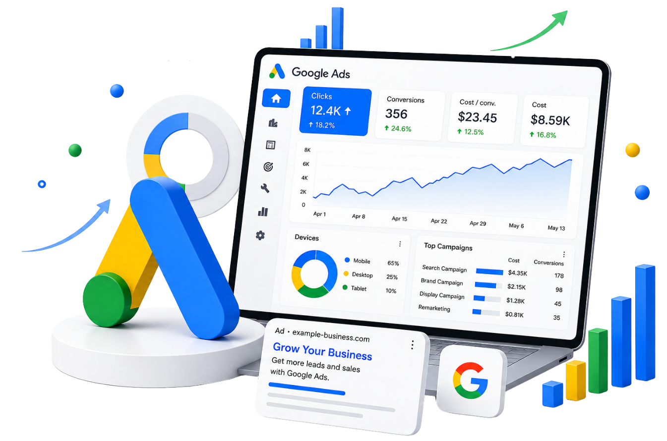 Google Ads campaign performance dashboard showing conversions, cost per lead, and click trends
