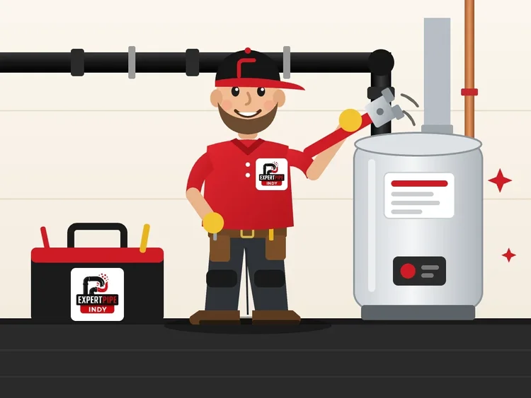 Cartoon ExpertPipe Indy plumber with the company logo on his shirt, tightening a pipe on a water heater with a pipe wrench