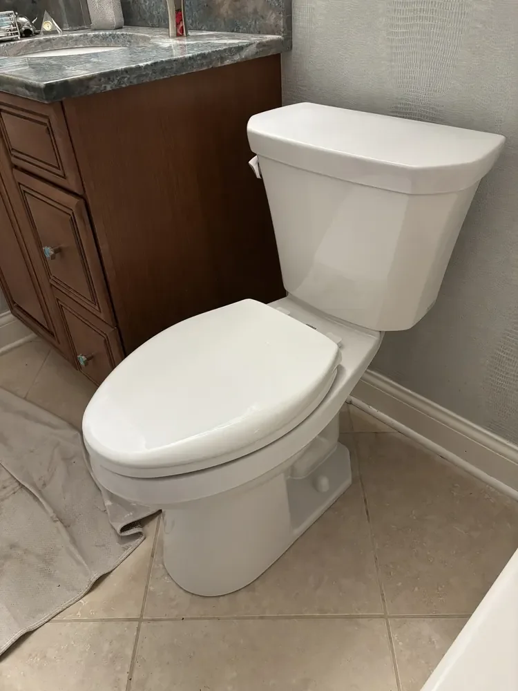 New Gerber Viper ADA elongated toilet installed next to a vanity in a Fishers, IN bathroom