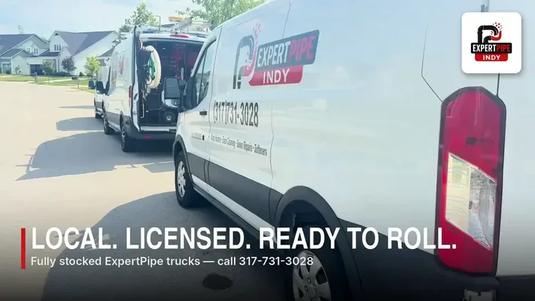 ExpertPipe Indy service vans lined up on a Hamilton County street
