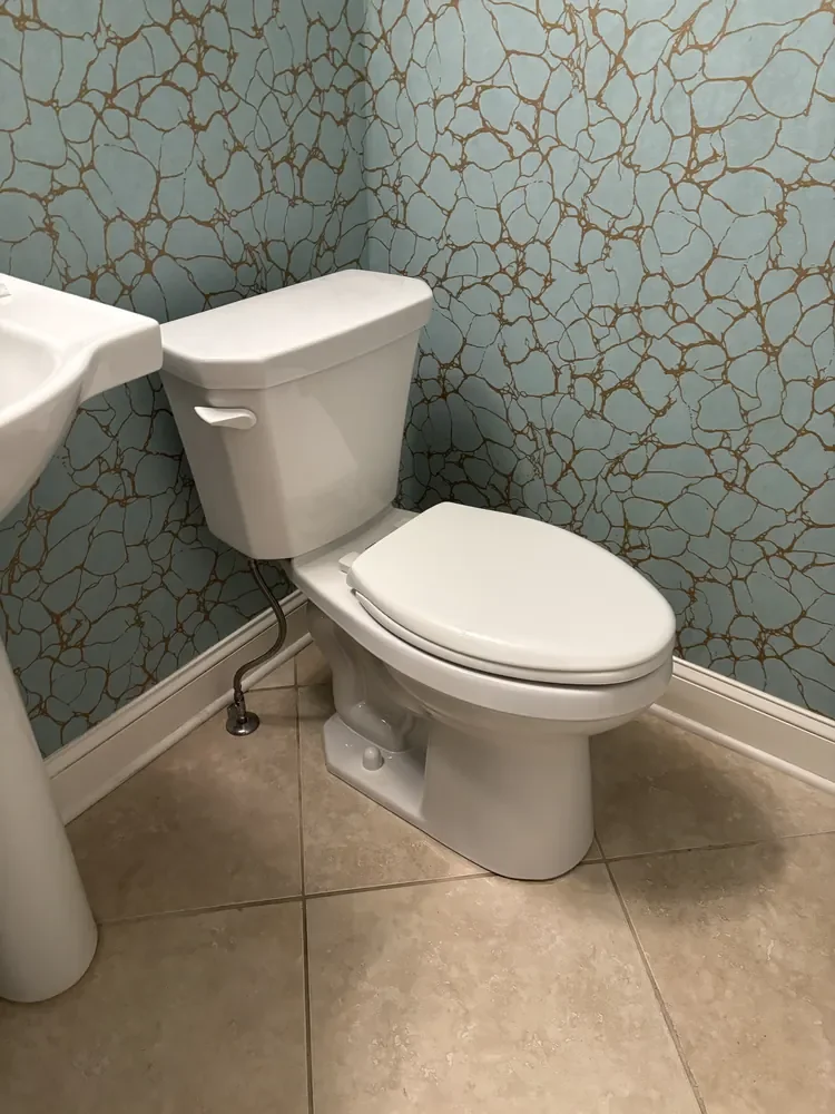 New Gerber Viper ADA elongated toilet with slow-close seat installed in a Fishers, IN powder room