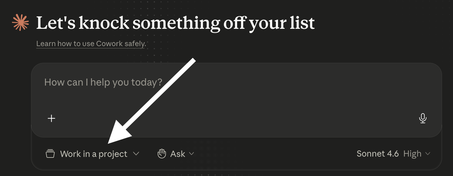 Work in a project dropdown in Claude Cowork