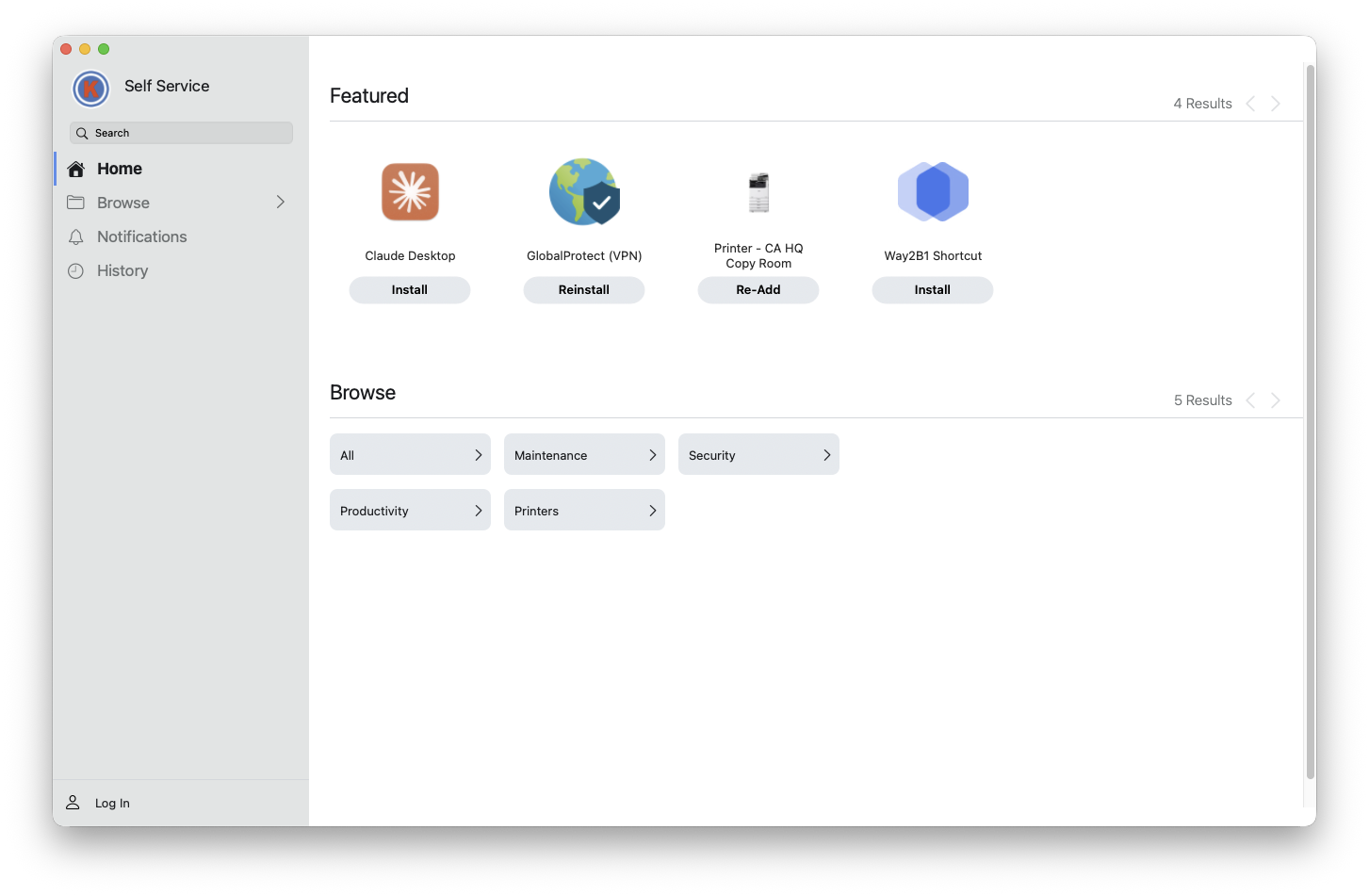 Self Service app showing Claude Desktop install