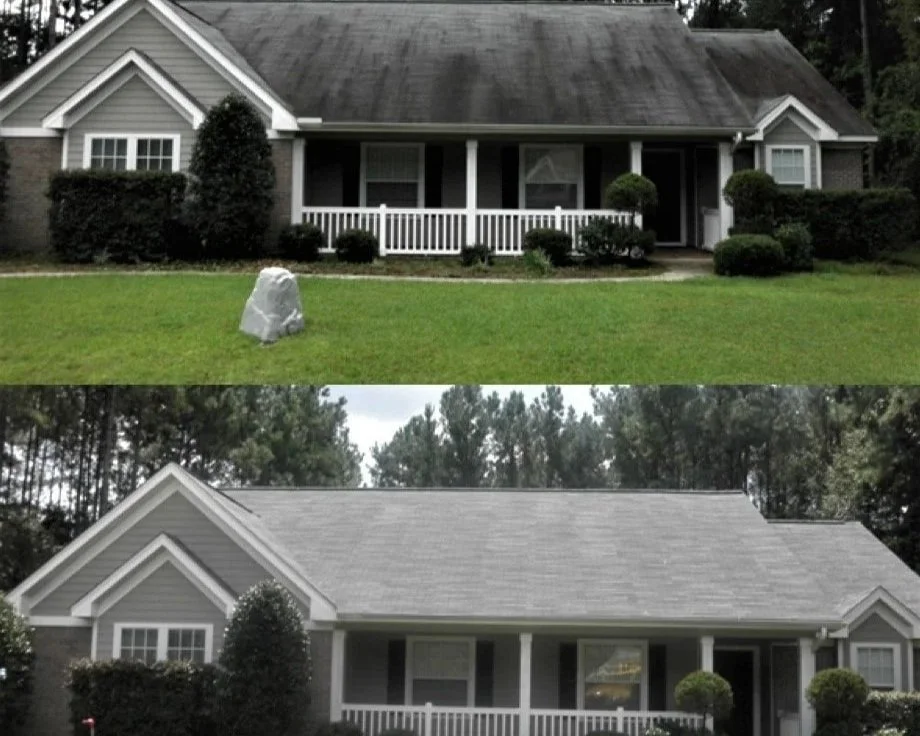 Home roof shown darker before and brighter after cleaning