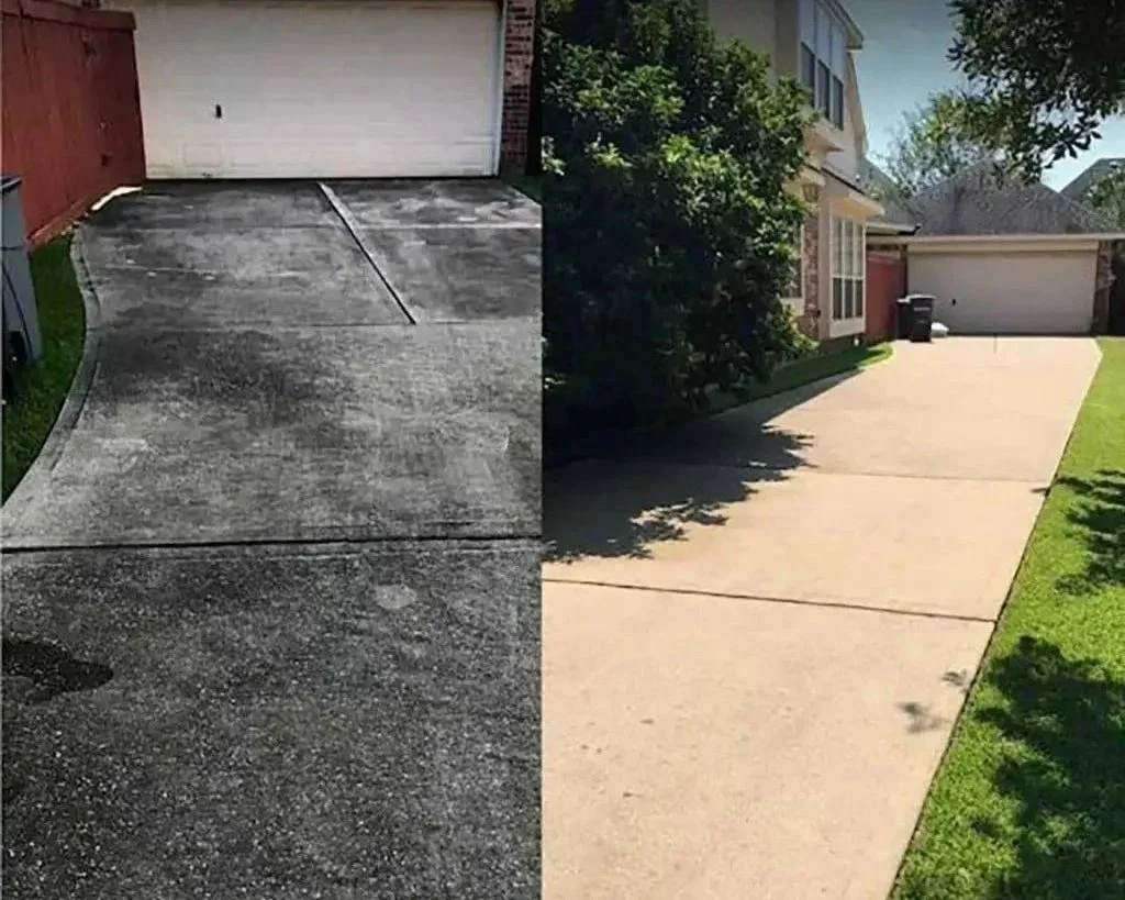 Long driveway with dramatic before/after contrast