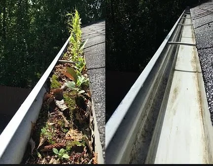 Downspout comparison: clogged vs flowing freely