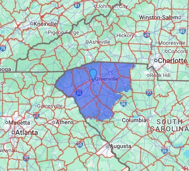 Upstate South Carolina service area centered around Greenville, SC