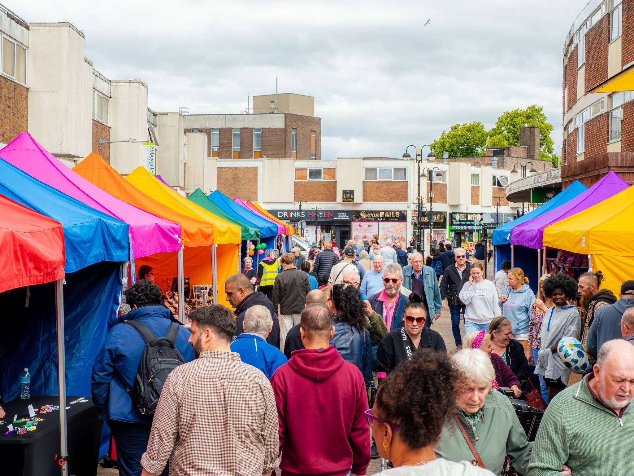 Busy crowd browsing the Nuneaton Teenage Market during the Mark It event
