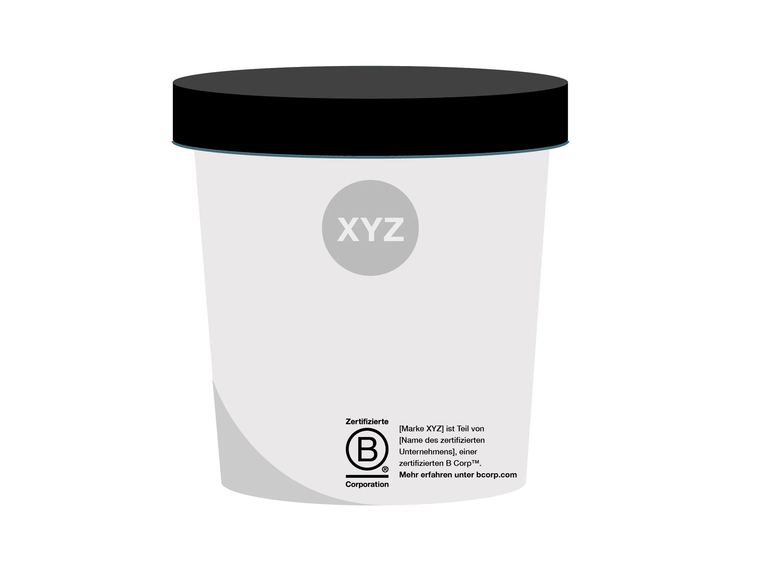 Empfohlenes Beispiel mit dem Text „[Marke XYZ] ist Teil von [Name des zertifizierten Unternehmens], einer zertifizierten B Corp™. Mehr erfahren unter bcorp.com“ auf der Verpackung