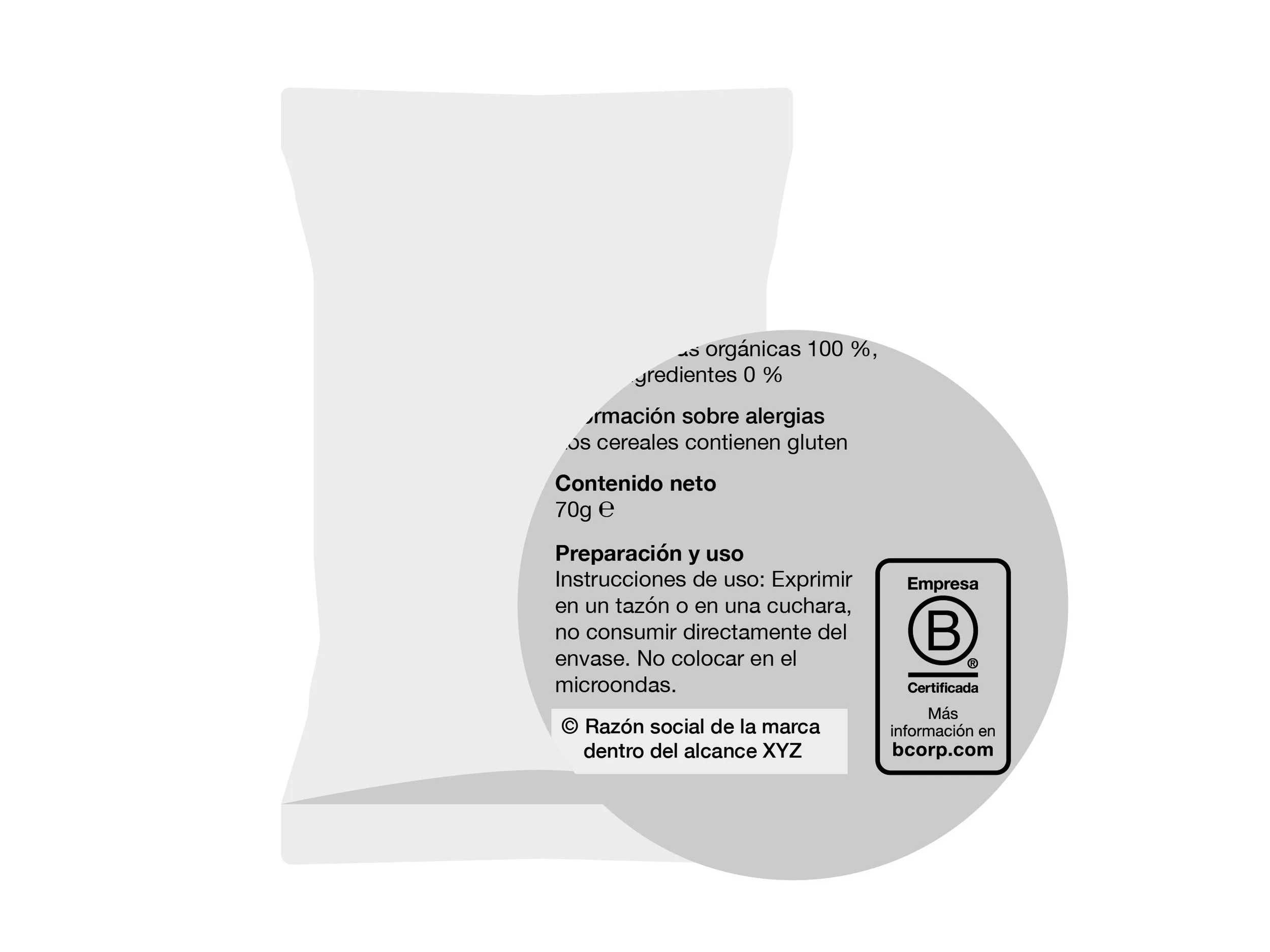 Ejemplo de un razón social de la marca dentro del alcance junto al logo de B Corp y el texto de la URL o la insignia (badge) de la URL.
