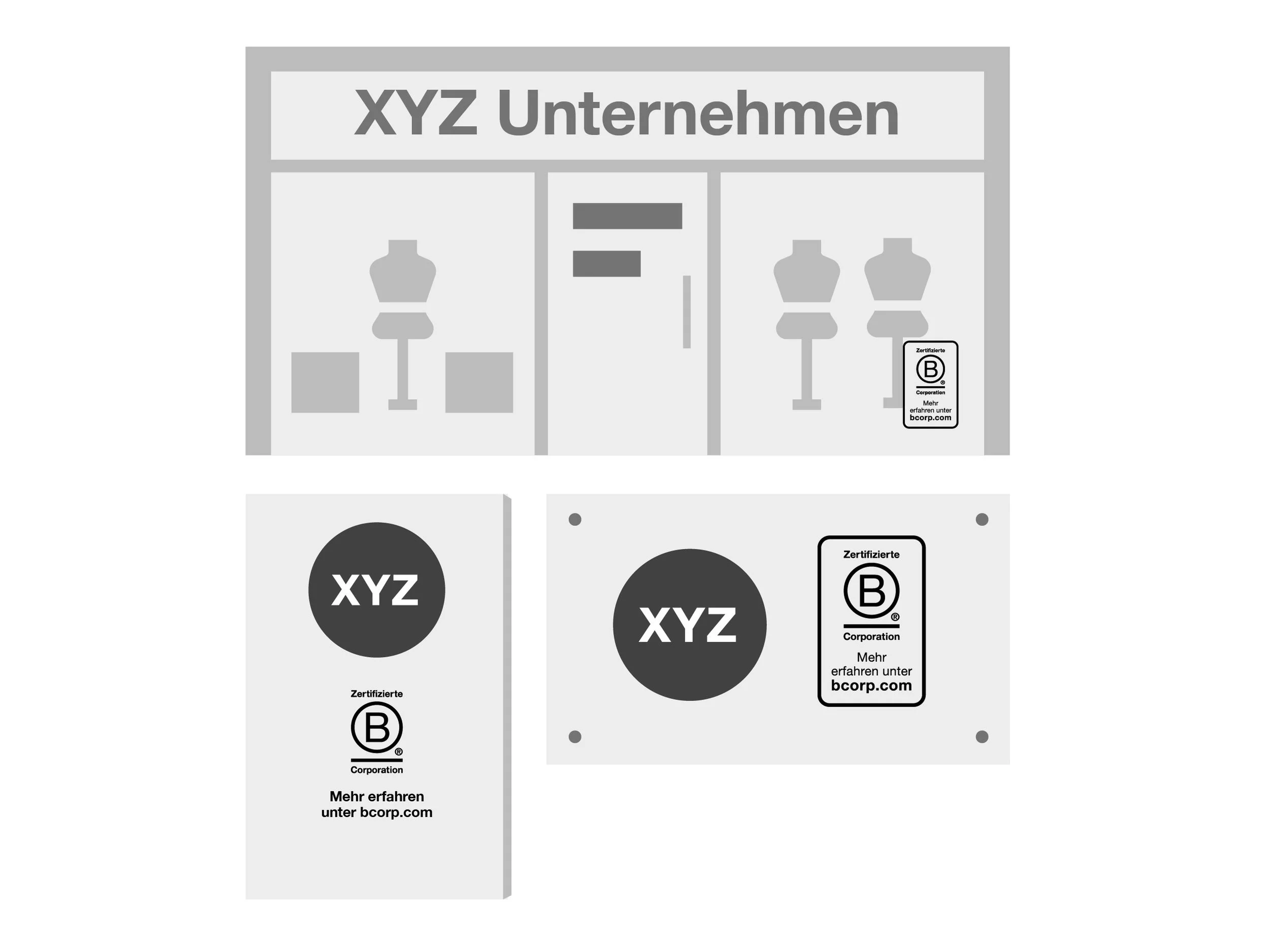 Abbildungen von Schildern mit dem B Corp-Logo, auf denen der Name und/oder das Logo des Unternehmens deutlich zu sehen ist