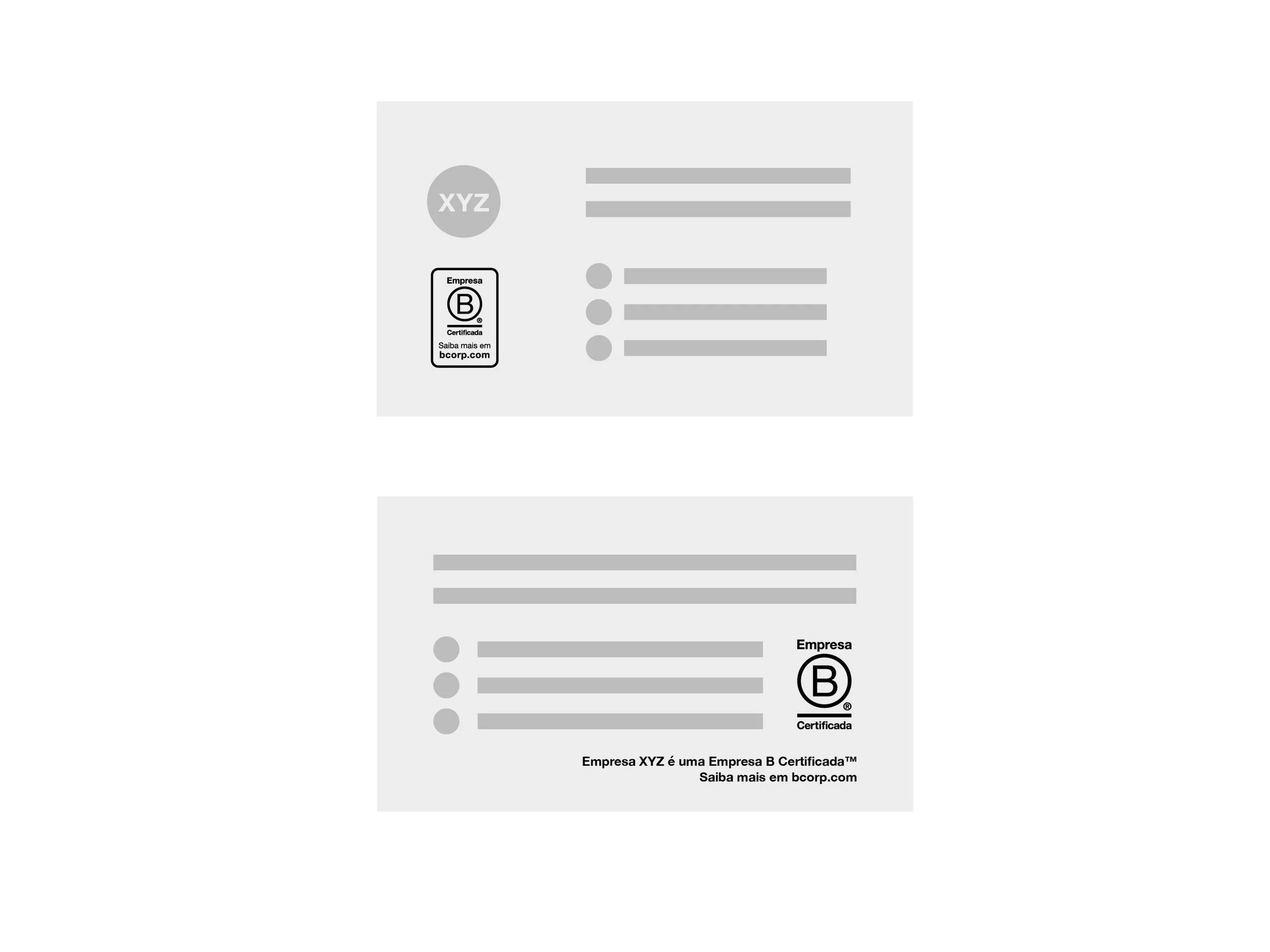 Ilustração de layouts de cartões de visita usando o selo de URL do logo de Empresa B e o logo de Empresa B com texto de URL simples