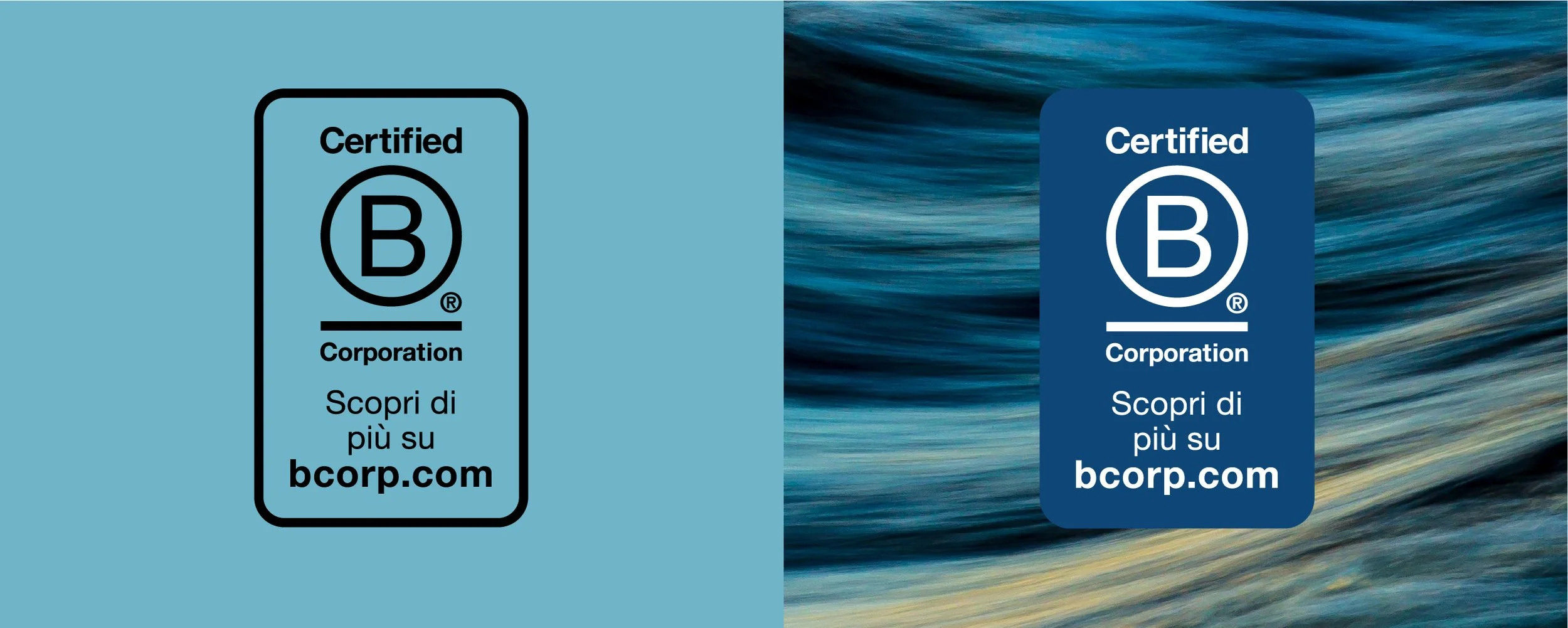 Esempio di badge URL con logo B Corp su sfondo a tinta unita e su sfondo fotografico