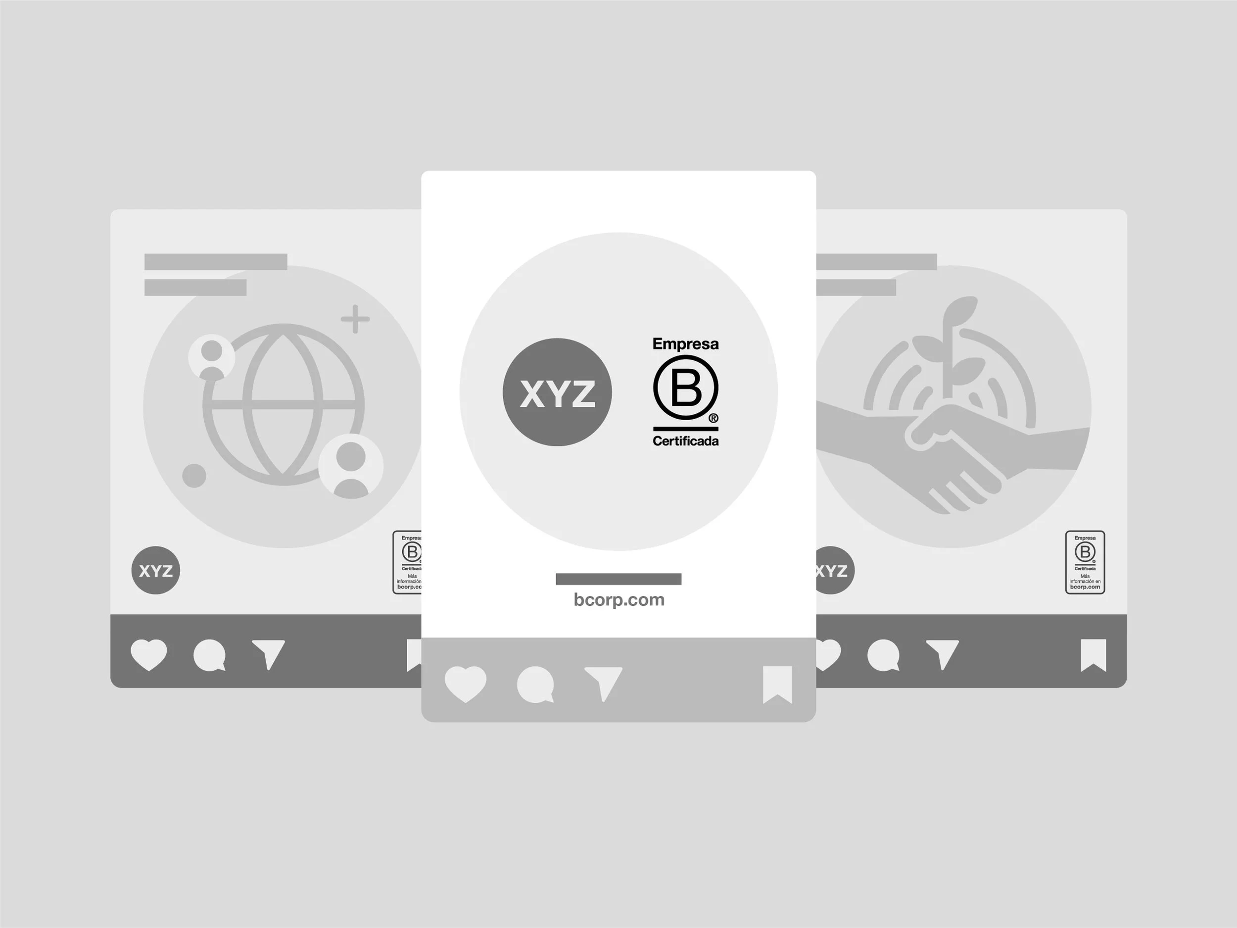 Ilustración de publicaciones de redes sociales sobre el proceso de certificación de una empresa